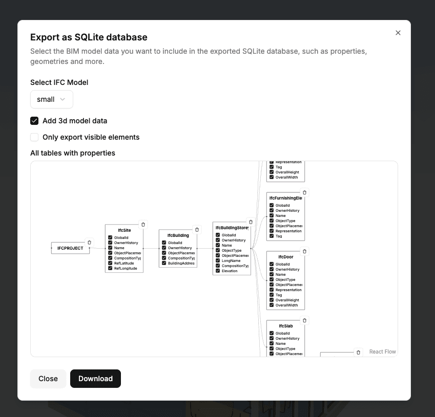 SQLite export dialog